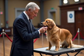 Juge canin professionnel examinant un golden retriever