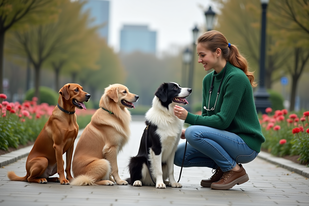 Vétérinaire observant des chiens dans un parc urbain