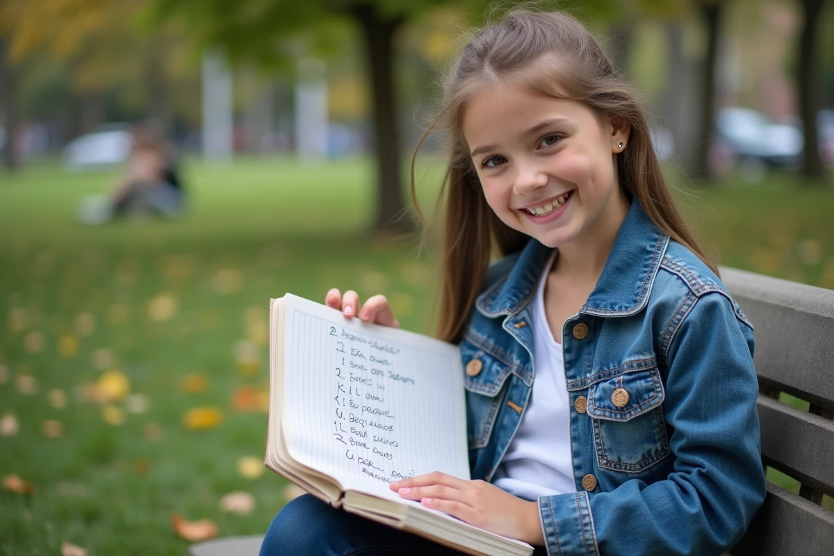 Jeune fille souriante lisant un carnet dans un parc urbain