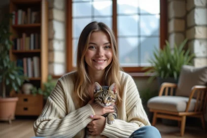 Jeune femme adoptant un chaton dans un appartement de Grenoble avec vue sur les montagnes