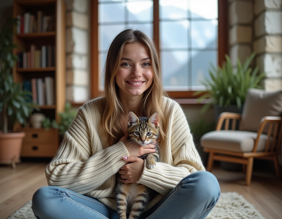 Jeune femme adoptant un chaton dans un appartement de Grenoble avec vue sur les montagnes