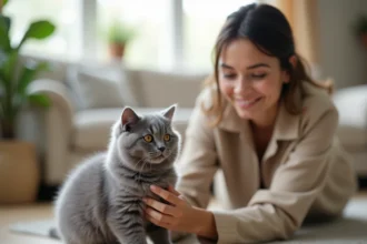Jeune femme adoptant un chaton British Shorthair gris dans un salon cosy, illustration d'une adoption responsable