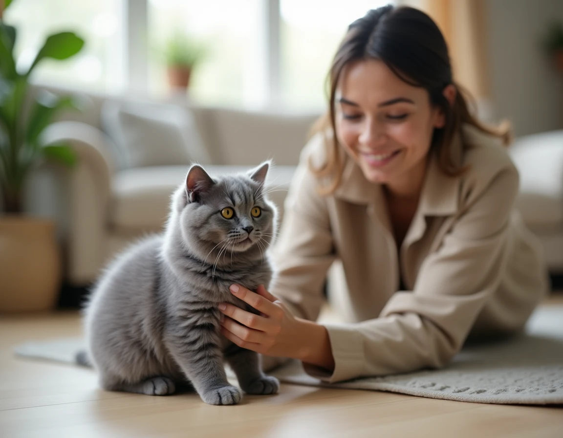 Jeune femme adoptant un chaton British Shorthair gris dans un salon cosy, illustration d'une adoption responsable