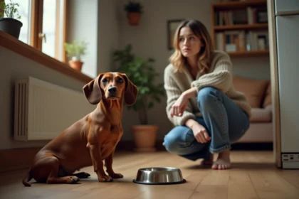 Femme réfléchissant avant d'adopter un teckel assis sur le sol de sa cuisine