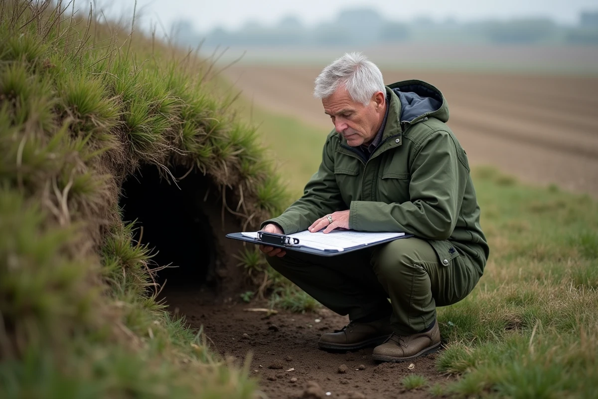 Agent de conservation de la faune inspectant un terrier de blaireau et documentant des données légales sur le terrain