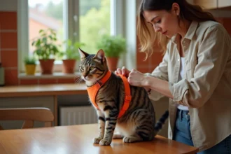 Femme ajustant un harnais anti-évasion orange sur un chat tigré calme posé sur une table en bois dans une cuisine