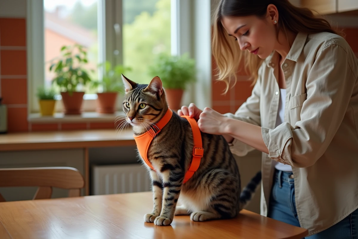 Femme ajustant un harnais anti-évasion orange sur un chat tigré calme posé sur une table en bois dans une cuisine