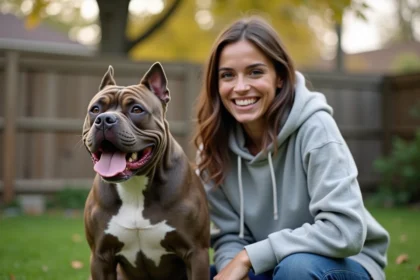 Femme et son chien American Bully assis dans un jardin suburban, portrait en extérieur avec pelouse et clôture en bois