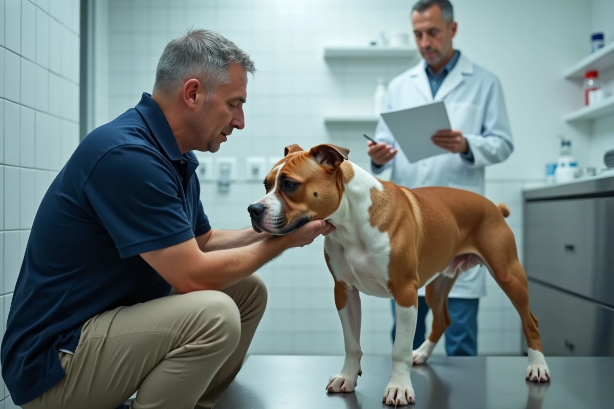 Propriétaire et son American Bully lors d'une visite vétérinaire, homme agenouillé tenant le chien sur une table d'examen