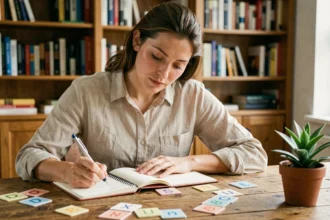 Femme écrivant des mots commençant par la lettre N dans un carnet ouvert sur un bureau en bois entouré de fiches alphabet