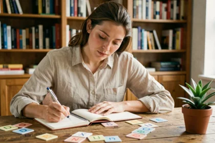 Femme écrivant des mots commençant par la lettre N dans un carnet ouvert sur un bureau en bois entouré de fiches alphabet