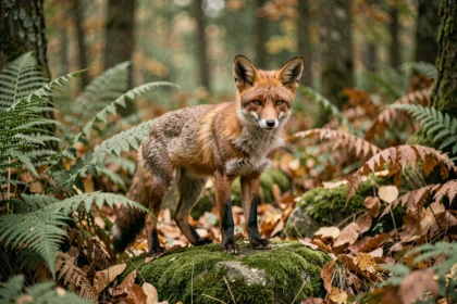 Renard roux debout sur un rocher moussu dans une forêt automnale, illustrant les animaux commençant par la lettre X pour le petit Bac