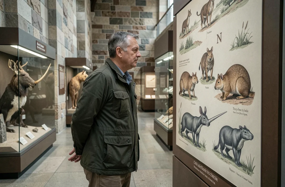 Homme observant un panneau d'exposition muséale sur les animaux rares commençant par la lettre N dans un musée d'histoire naturelle