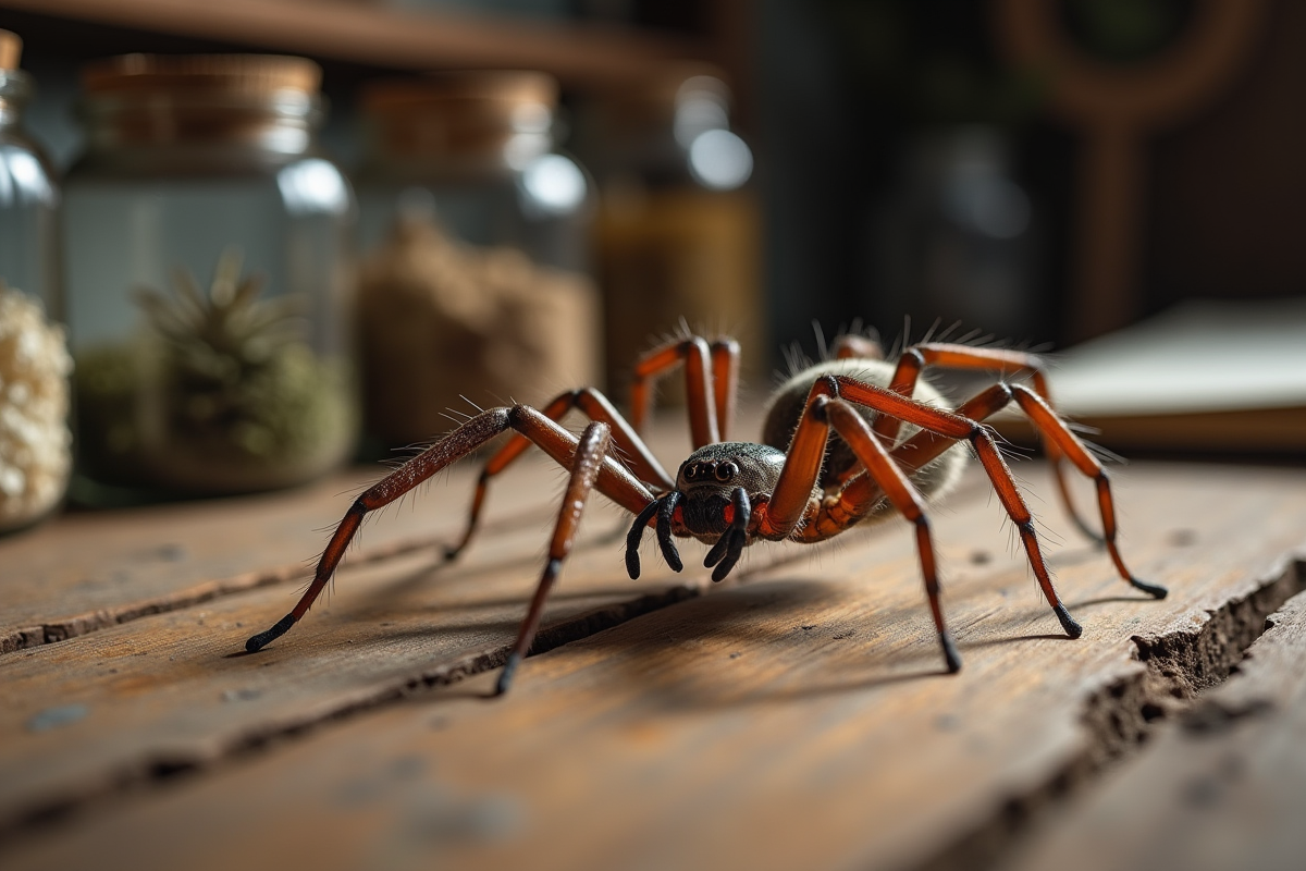 Araignee couteau sur un plateau en bois brut