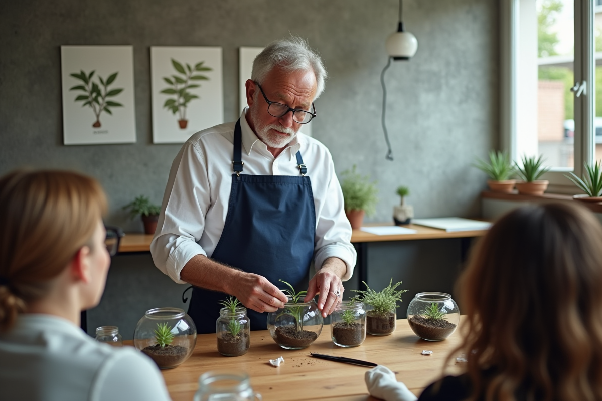 Instructeur montrant la plantation de terrarium à un groupe