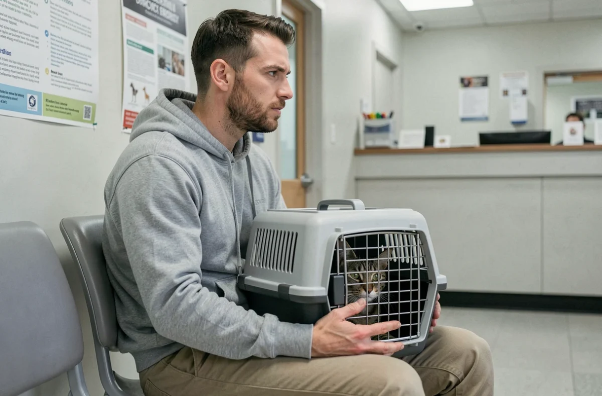 Homme avec son chat en cage de transport dans la salle d'attente d'une urgence vétérinaire