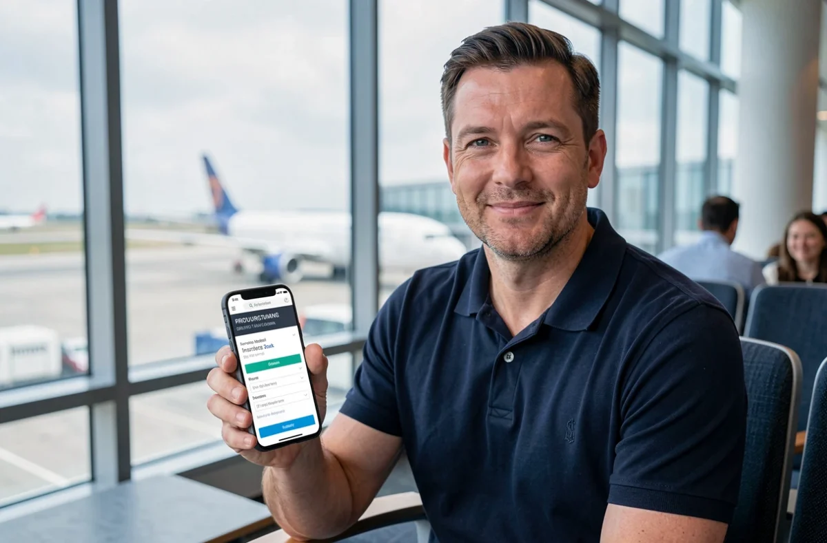 Homme consultant son attestation d'assurance voyage sur smartphone dans un aéroport