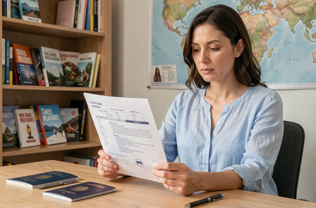 Femme lisant une attestation d'assurance voyage à son bureau avec un passeport