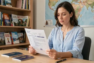 Femme lisant une attestation d'assurance voyage à son bureau avec un passeport
