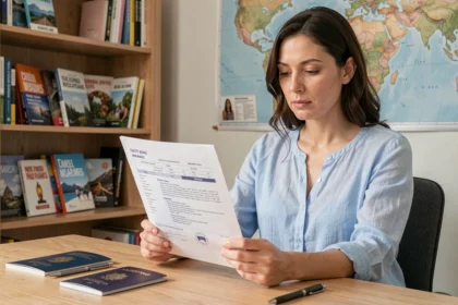Femme lisant une attestation d'assurance voyage à son bureau avec un passeport
