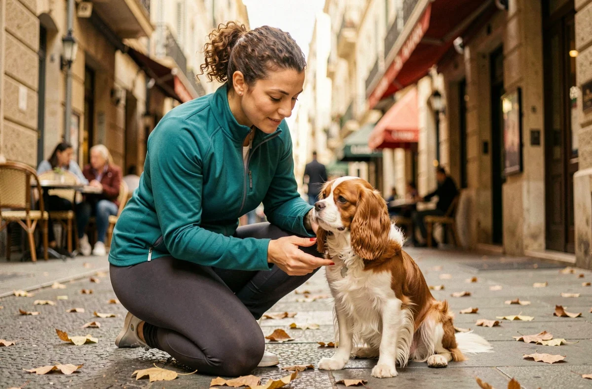 Éducatrice Au Poil Dans Mes Pattes interagissant avec un Cavalier King Charles sur un trottoir de Marseille