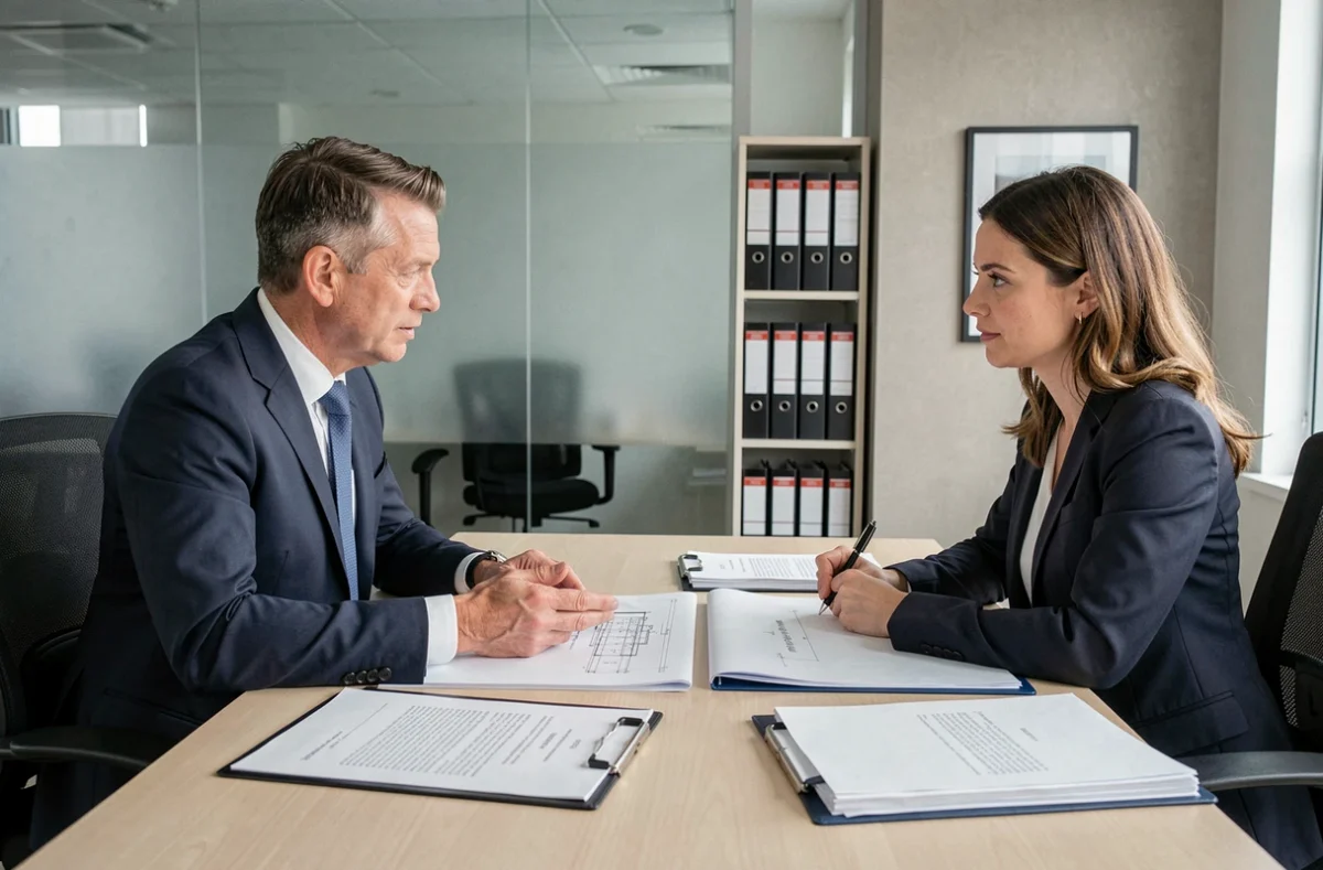 Réunion entre un avocat et un propriétaire pour engager une procédure de mise en œuvre de la garantie décennale après sinistre