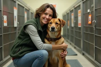 Bénévole d'un refuge animalier tenant un chien de race mixte dans ses bras, ambiance authentique de refuge avec cages et affiches en arrière-plan