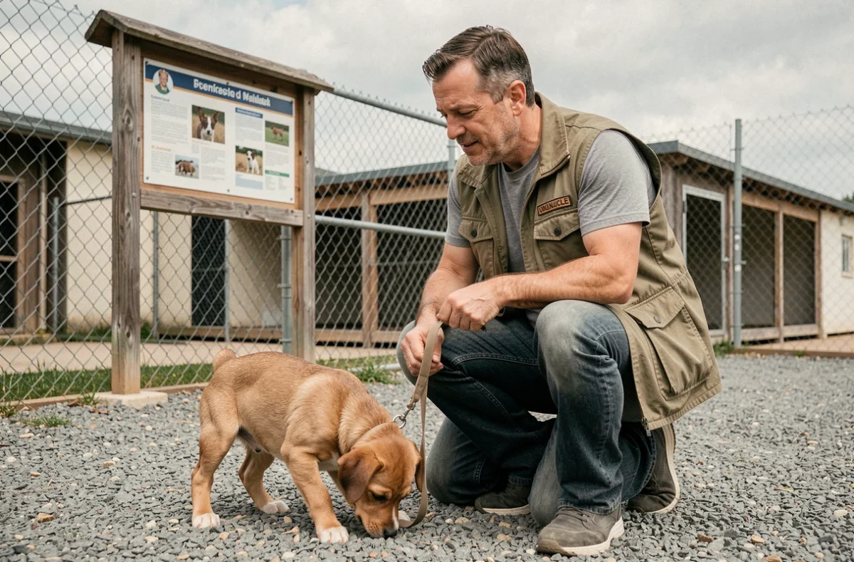 Bénévole de refuge accompagnant un petit chien craintif en laisse dans l'espace extérieur du refuge
