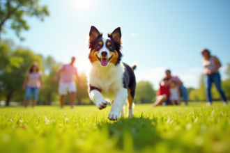 Chien berger australien jouant dans un parc ensoleille avec famille