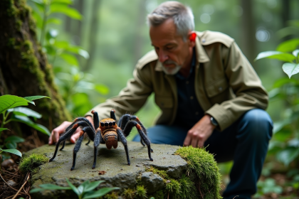 Biologiste observant une araignee couteau dans la forêt