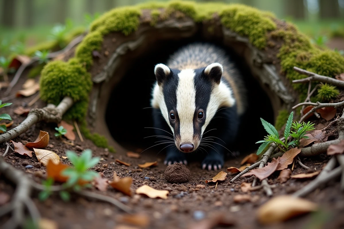 Blaireau européen sortant de son terrier dans une forêt tempérée, près de crottes sur un sol moussu