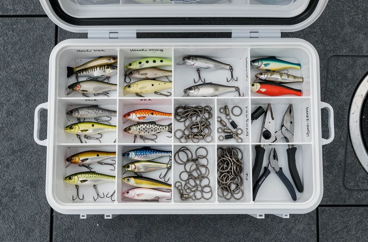 Boîte à leurres durs ouverte avec crankbaits, jerkbaits et accessoires d'armement pour la pêche au brochet