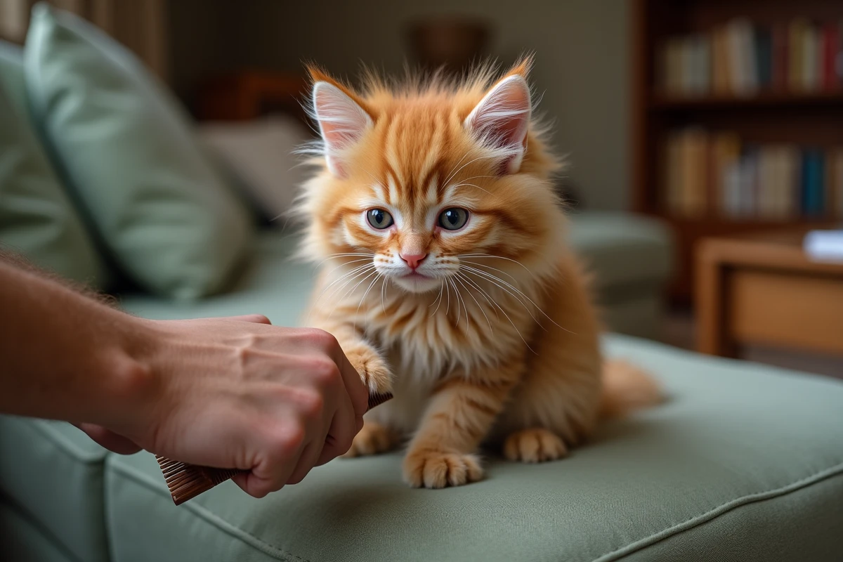 Mains d'un adoptant tentant de démêler la fourrure longue d'un chaton roux récalcitrant sur un canapé