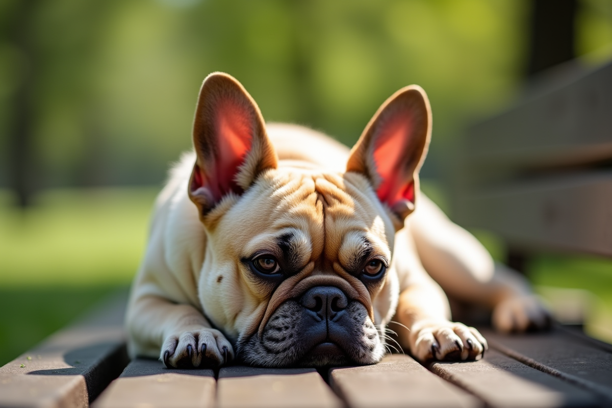 Bulldog français adulte reposant sur un banc dans un parc