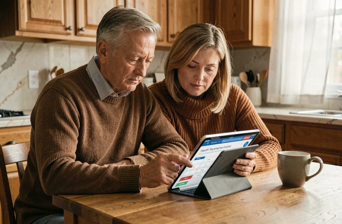 Couple calculant leur remboursement mutuelle à 150% sur une tablette à la maison