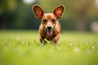 Caniche nain à poil lisse courant dans un parc ensoleille