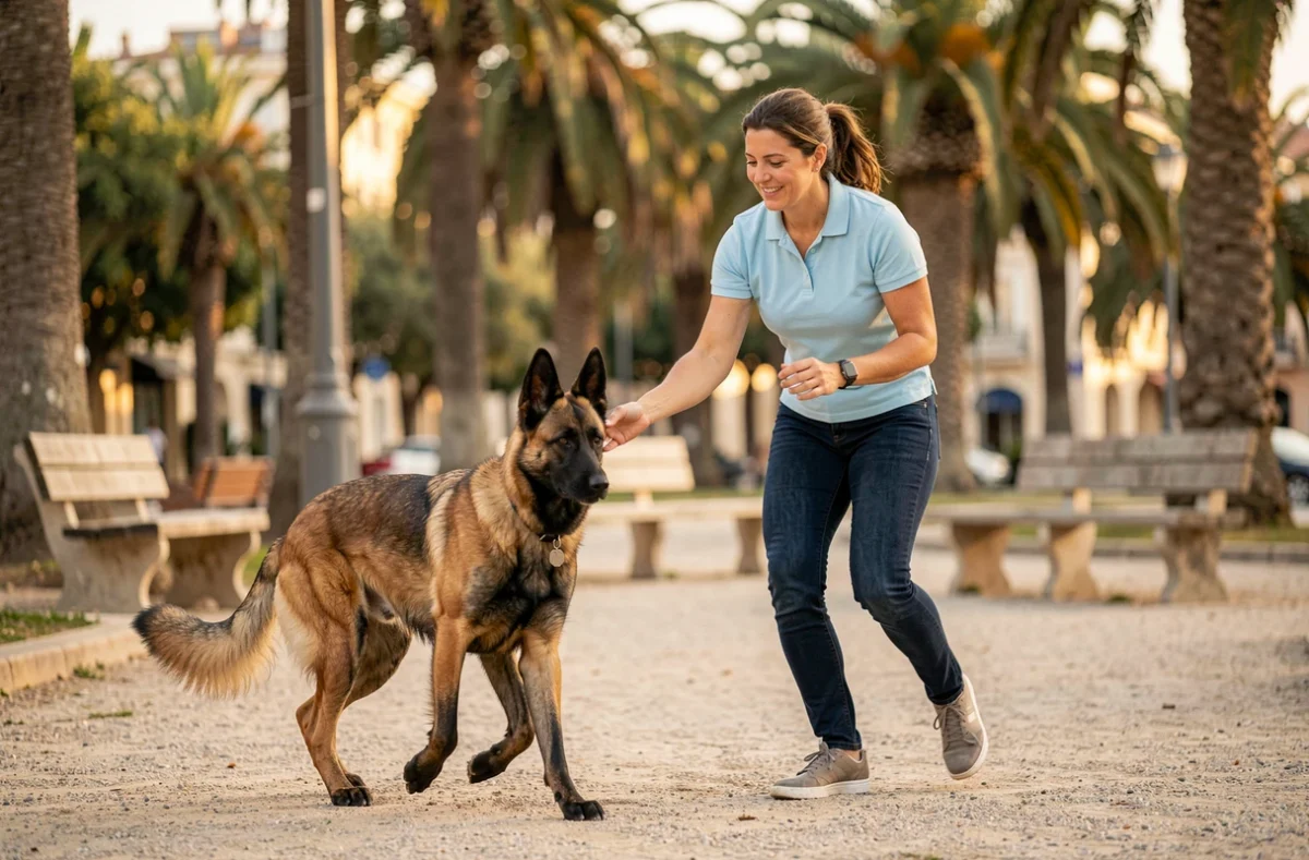 Éducatrice canine Canid'Elire guidant un Malinois dans un parc de Marseille
