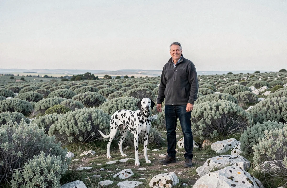 Éducateur canin Canis Félicitas avec un Dalmatien en position de marche au pied dans la garrigue des Bouches-du-Rhône