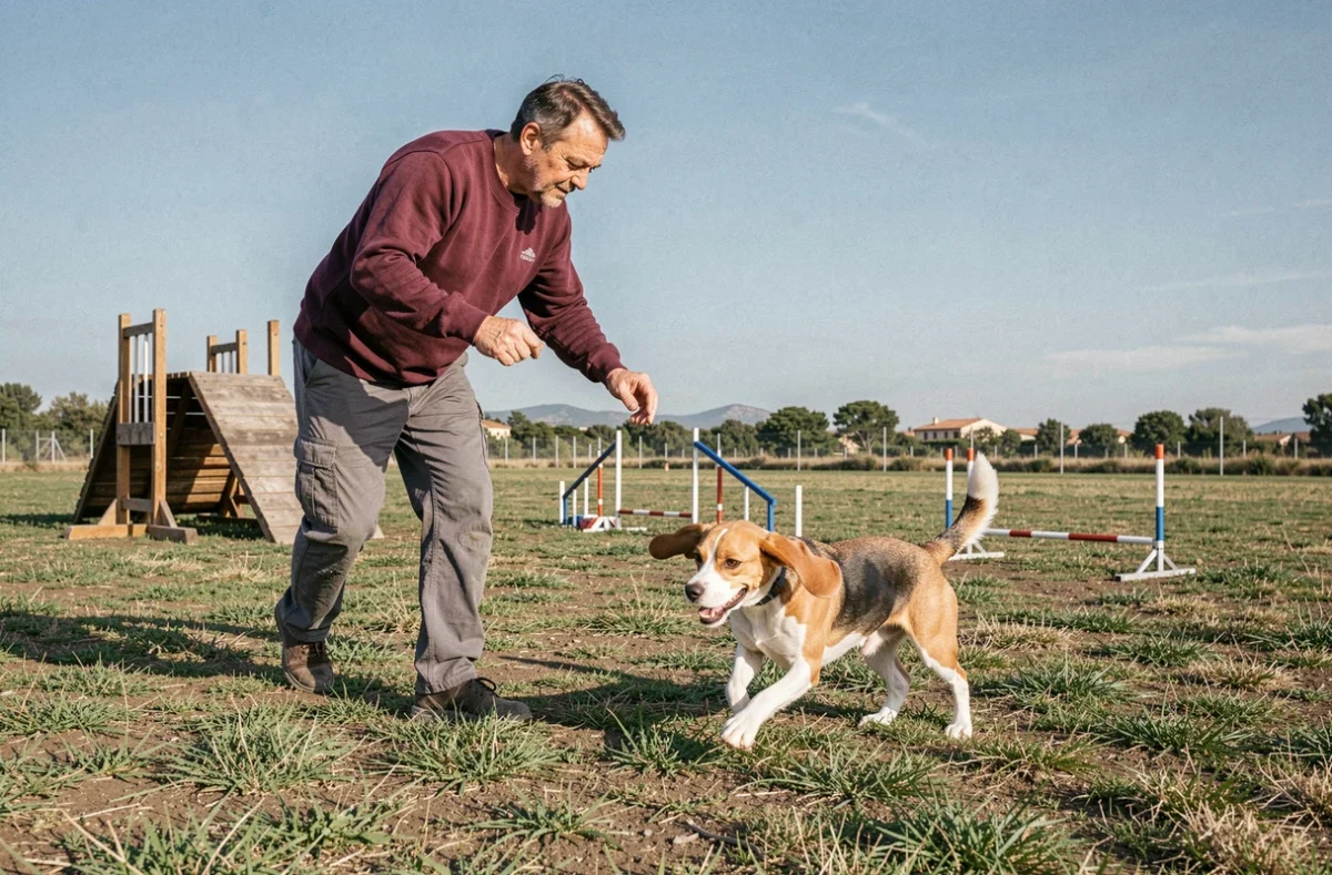 Éducateur canin Caniscool 13 pratiquant l'agility avec un Beagle sur un terrain de Salon-de-Provence