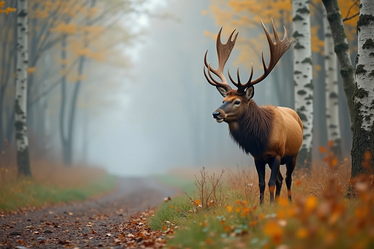 Cerf élaphe bramant en lisière de forêt brumeuse à l'aube en période de rut