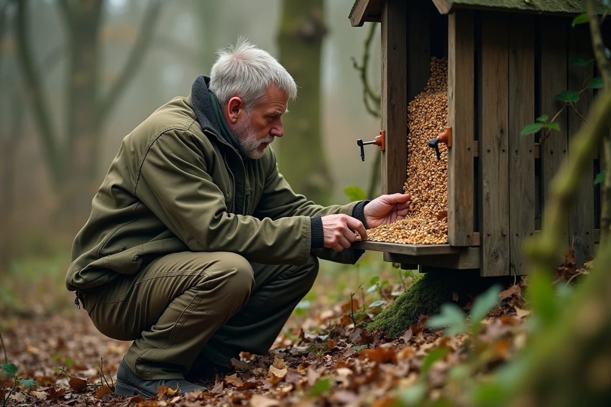 Chasseur installant un agrainage en forêt pour attirer le faisan obscur sur son territoire de chasse