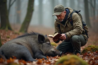 Chasseur homme en forêt avec sanglier sauvage