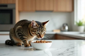 Chat de 12 mois au poil brillant sentant une gamelle de croquettes sur un comptoir de cuisine