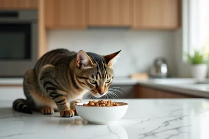 Chat de 12 mois au poil brillant sentant une gamelle de croquettes sur un comptoir de cuisine