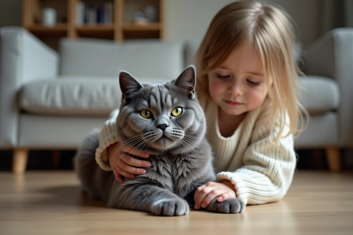 Chat bleu de Russie aux yeux verts se laissant caresser par une jeune fille dans un salon chaleureux