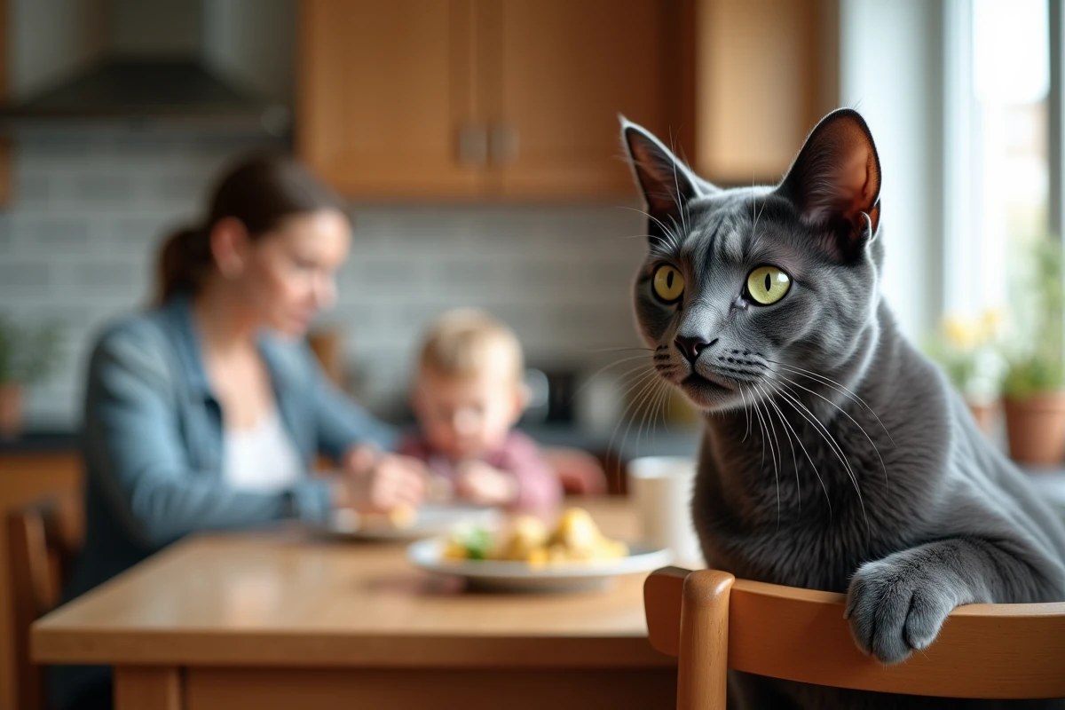 Chat bleu de Russie observant calmement sa famille lors d'un repas dans une cuisine conviviale