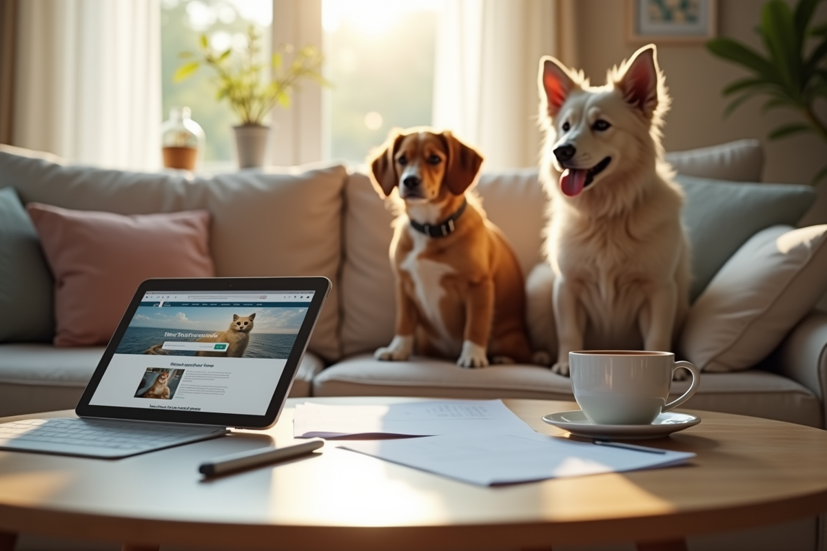 Chat et chien sur un canapé avec papiers et tablette d