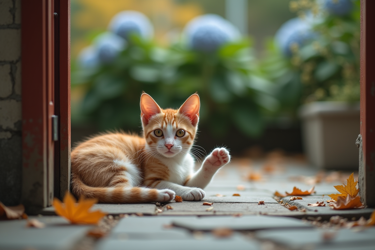 Jeune chatte en extérieur dans un jardin automnal
