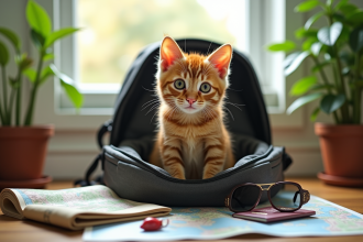 Chat roux curieux dans un sac de voyage stylé