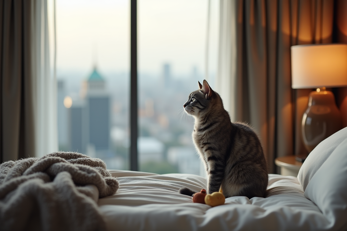 Chat gris regardant la ville depuis une fenêtre d